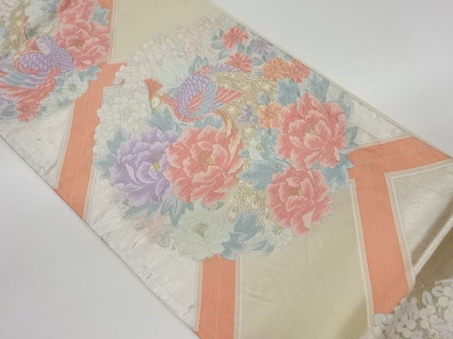 リサイクル　孔雀に花模様織出し袋帯